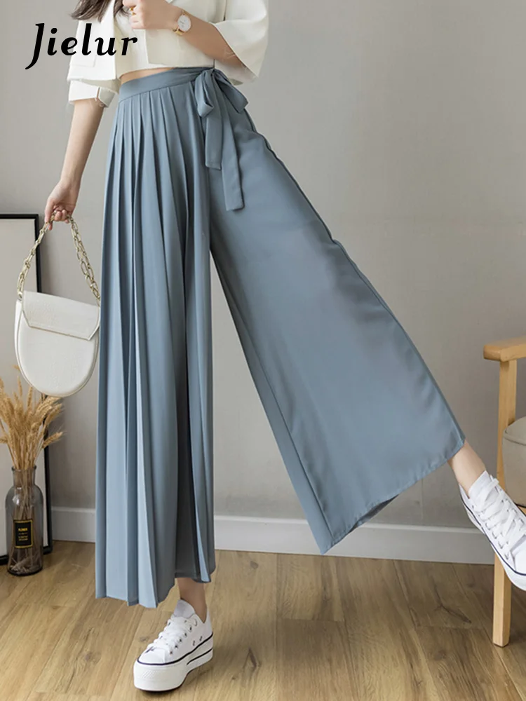 Jielur Spring Summer New Style Korean Women Pleated Chiffon Trousers High Waist Pants Hakama Casual Wide Leg Pantalones