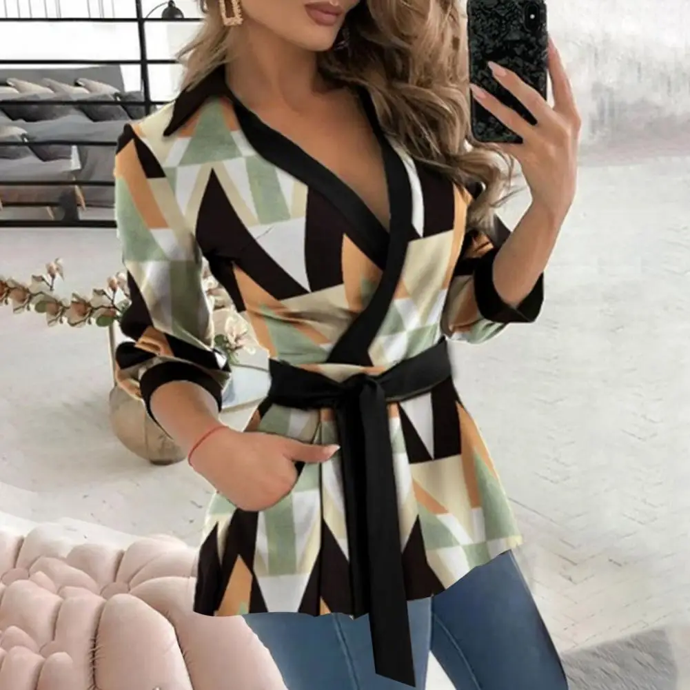 

Geometric Print Shirt Women Slim Fit Shirt Geometric Print Office Lady Shirt Stylish V-neck Slim Fit Long Sleeve with for Women