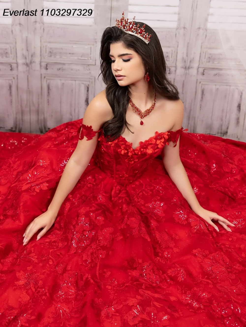Quinceanera Dress Ball Gown Glitter Red Lace Applique Beading Long Sleeve Sweet 16 Vestido De 15 Anos E1Q08