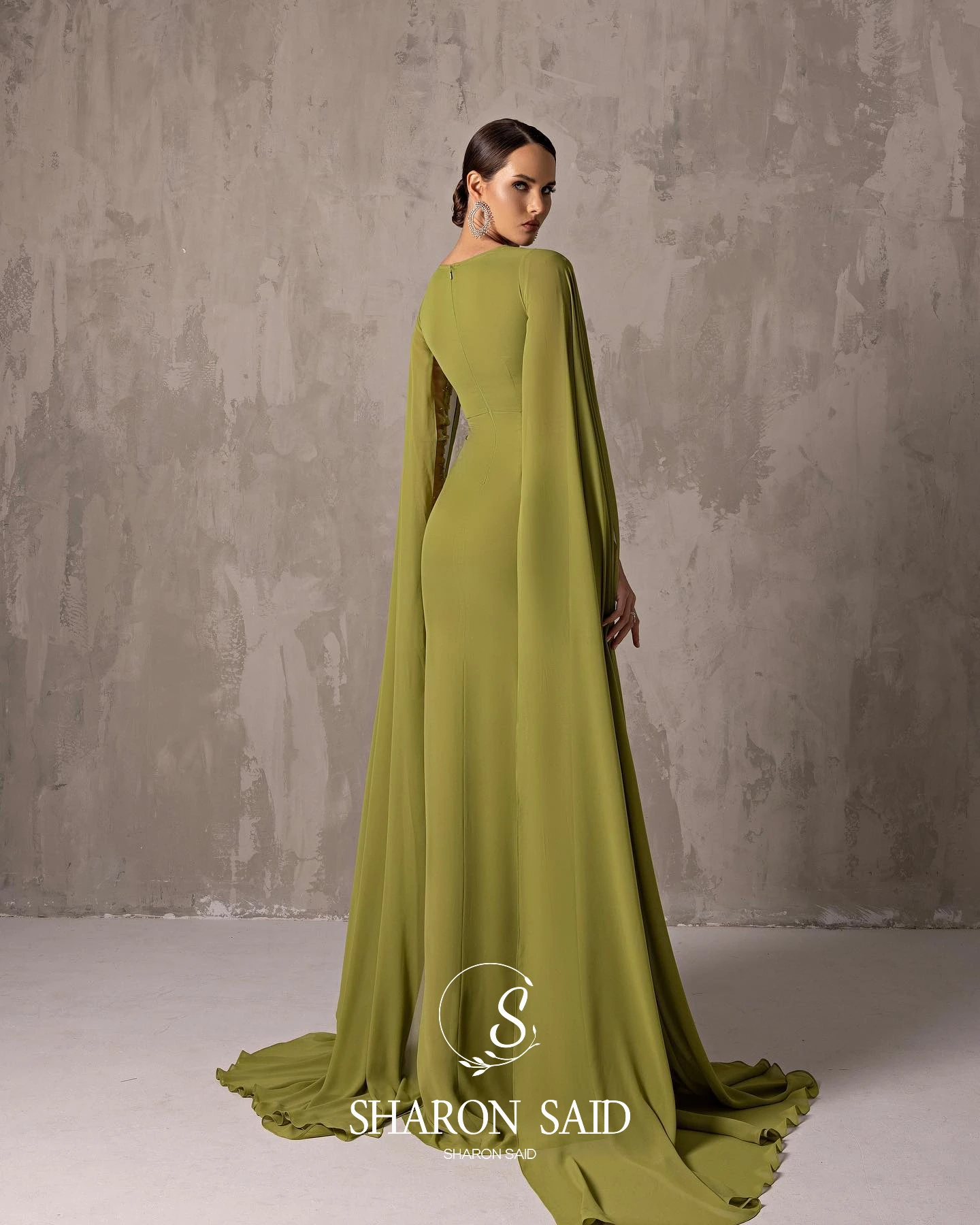 Sharon Said Asymmetrical Sage Green Chiffon Arabic Evening Dress with Cape  Sleeve For Women Wedding SF051 Customized - AliExpress 320