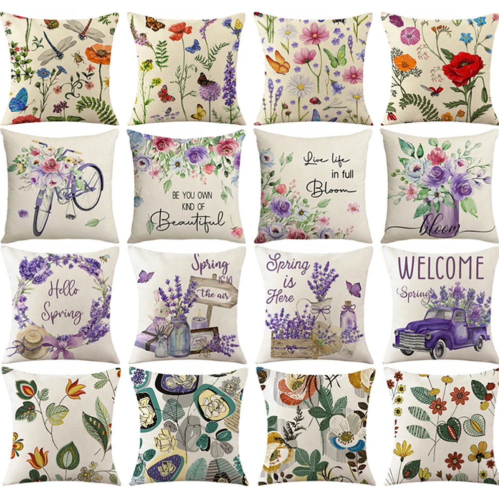 SpringFlowersPillowcase45x45cmFloralCushionCoverPurpleLavender