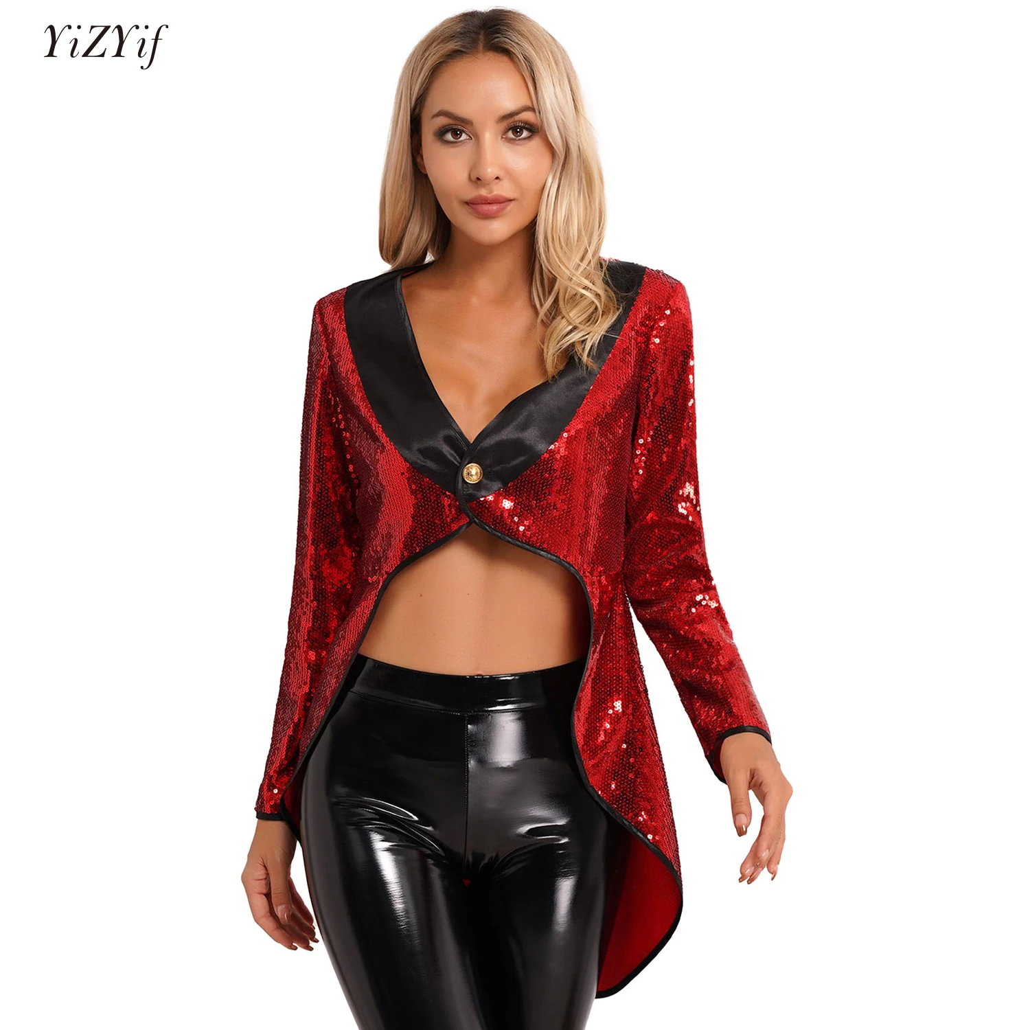 

Women Circus Ringmaster Cosplay Costume Halloween Party Dress Up Long Sleeve Sequin One-Button Tuxedo Outerwear Jacket Coat