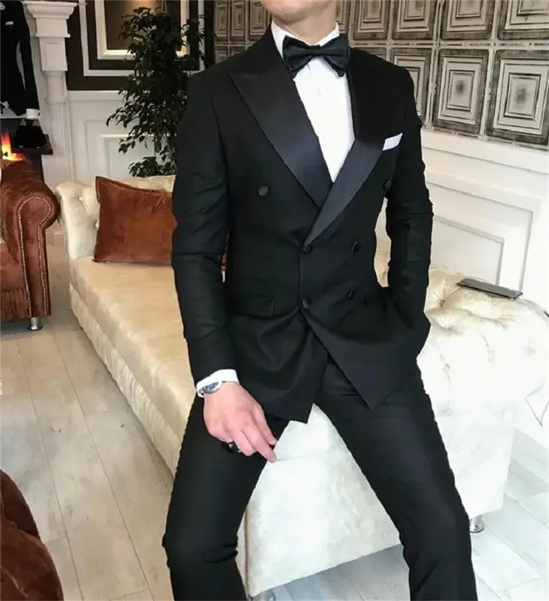Black Double Breasted Men Suits Groom Tuxedos For Wedding Suits Two Pieces (Jacket Pants) Formal Man Blazer Latest Style