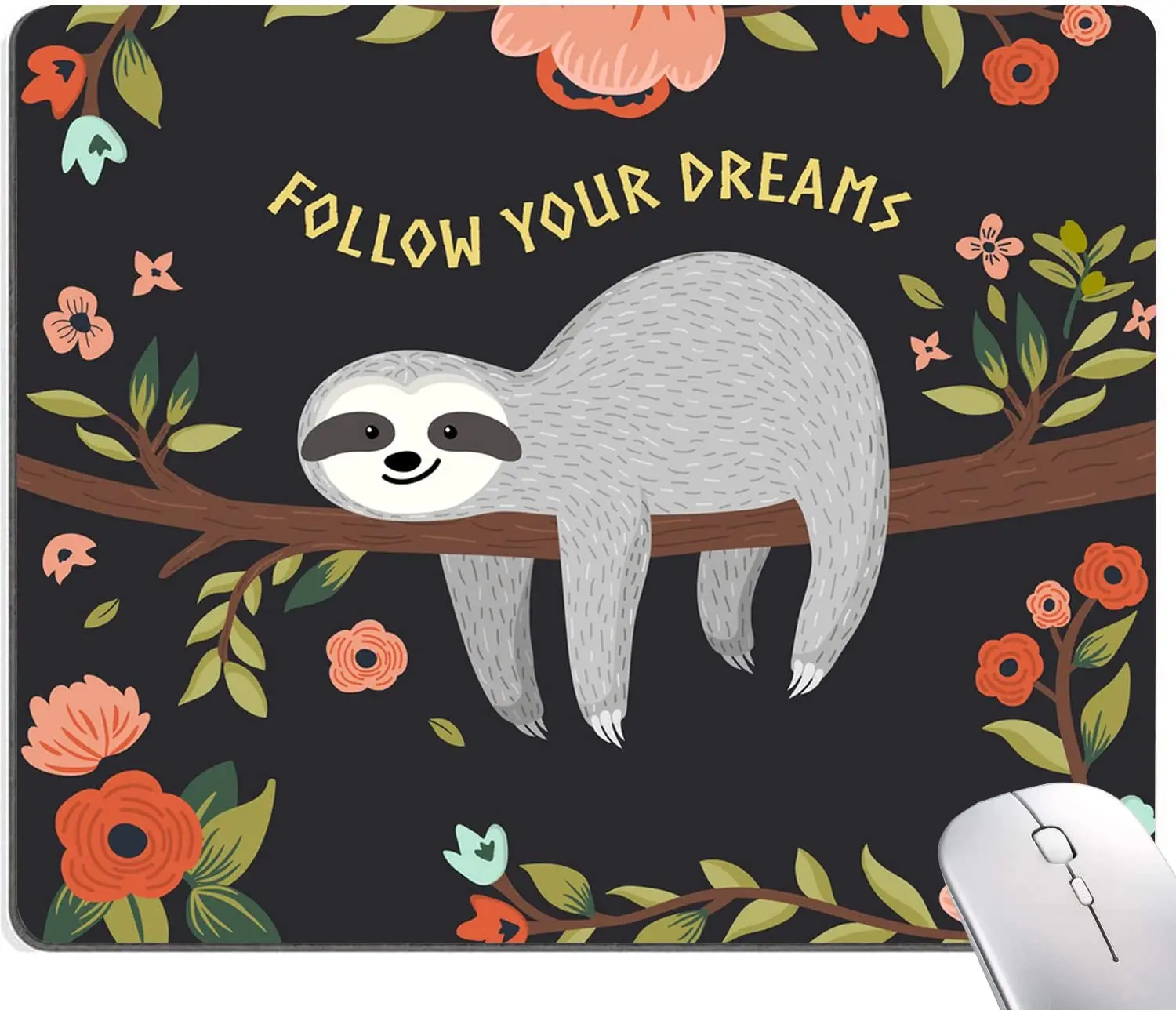 

Cute Sloth with Floral Mouse Pad Washable Personalized Computer Mouse Mat with Design Gaming Office Home Non-Slip Rubber Base