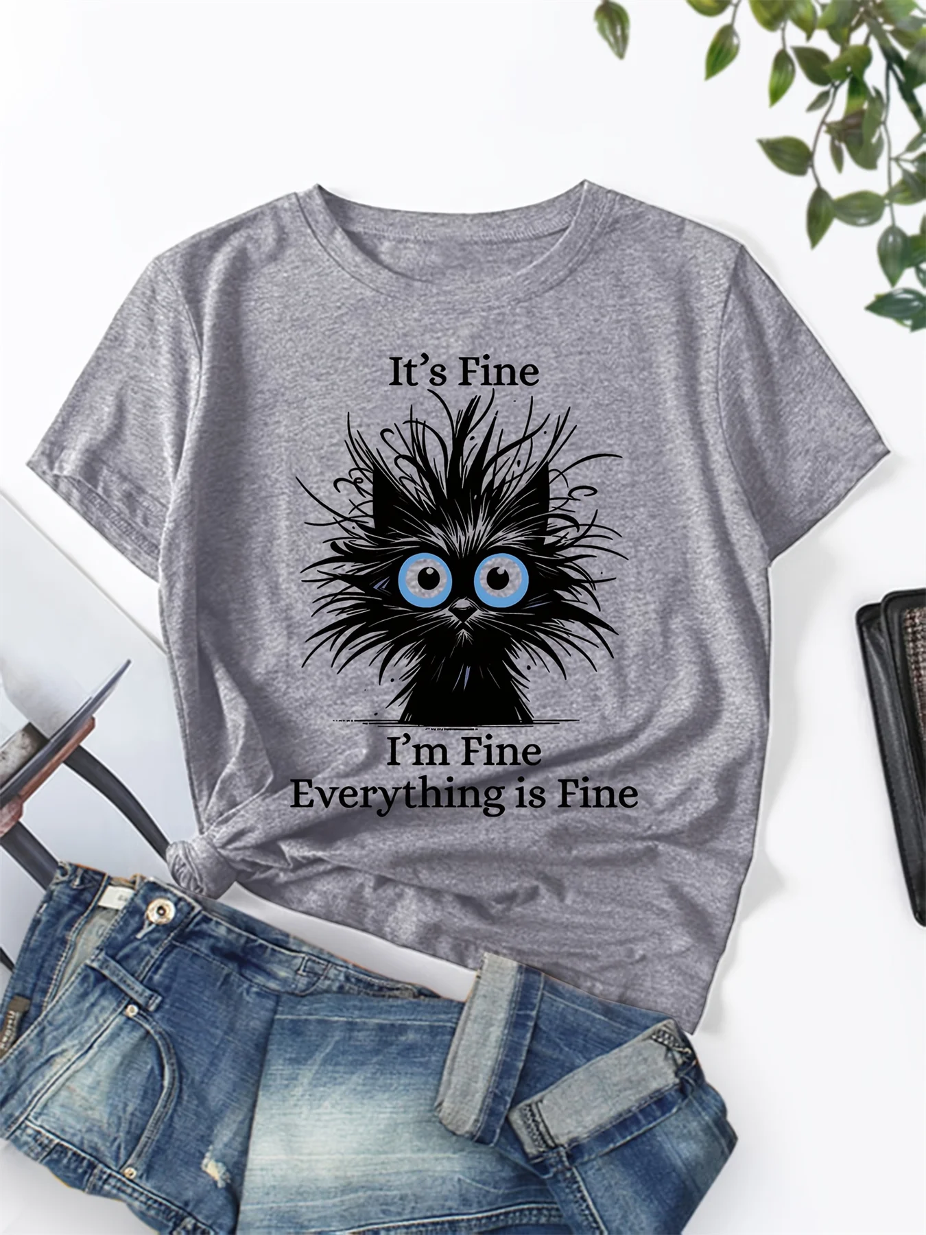 Summer women's 100% pure cotton satirical cat pattern printed casual and comfortable loose round neck short sleeved T-shirt top 1