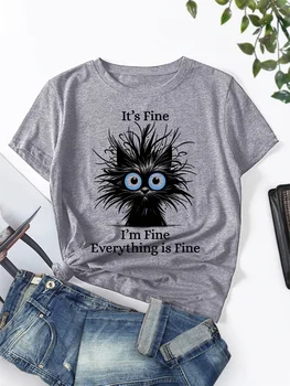 Summer women's 100% pure cotton satirical cat pattern printed casual and comfortable loose round neck short sleeved T-shirt top 1