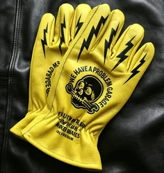 Vintage Skull Print Leather Gloves - Multi - Purpose for Outdoor Use, Camping, Riding, and Gardening (Yellow)