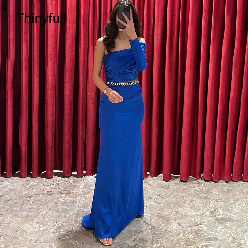 

Thinyfull Blue Saudi Arabia Mermaid Evening Dresses Stain Pleat Off Shoulder Prom Party Gowns Events Formal Dresses for Women