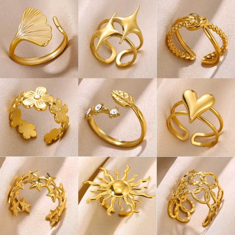 Stainless Steel Flower Open Rings For Women Wedding Heart Jewelry Gold Color Geometric Hollow Ring Daily Accessories Gift