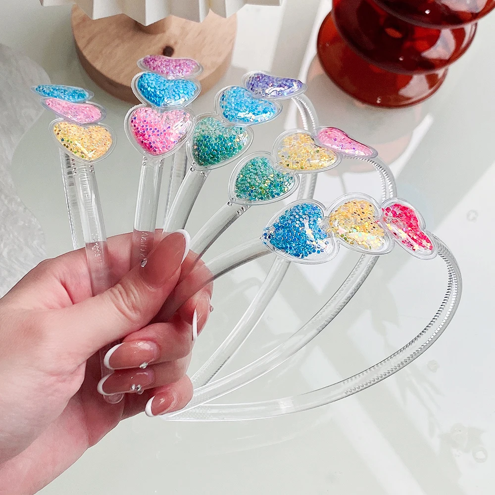 1/2pcs Transparent Quicksand Hairhoop Kids Girl Glitter Heart Sequin Cartoon Hairbands Children Headwear Baby Hair Accessories