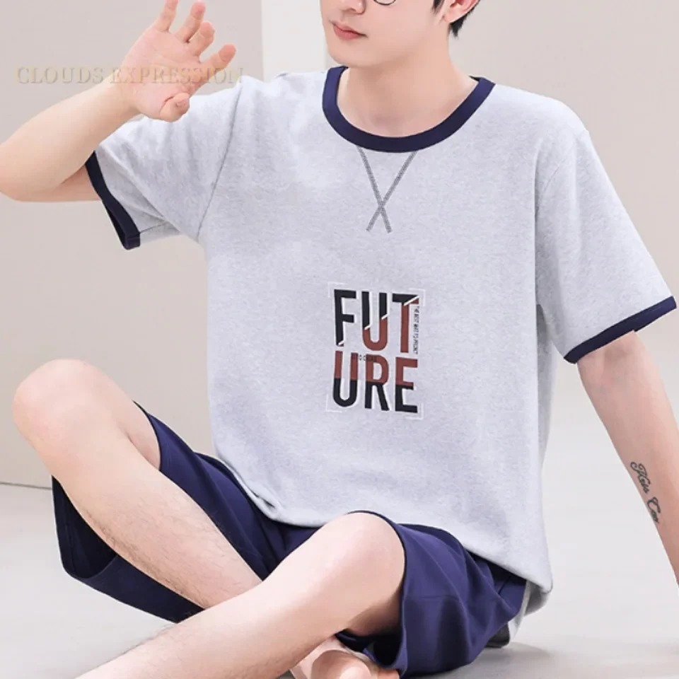 Summer Knitted Cotton Short Sleeved Men's Pajamas Sets Male Pajama Set Polka Dots Pajama Men Sleepwear Suit Homewear Size