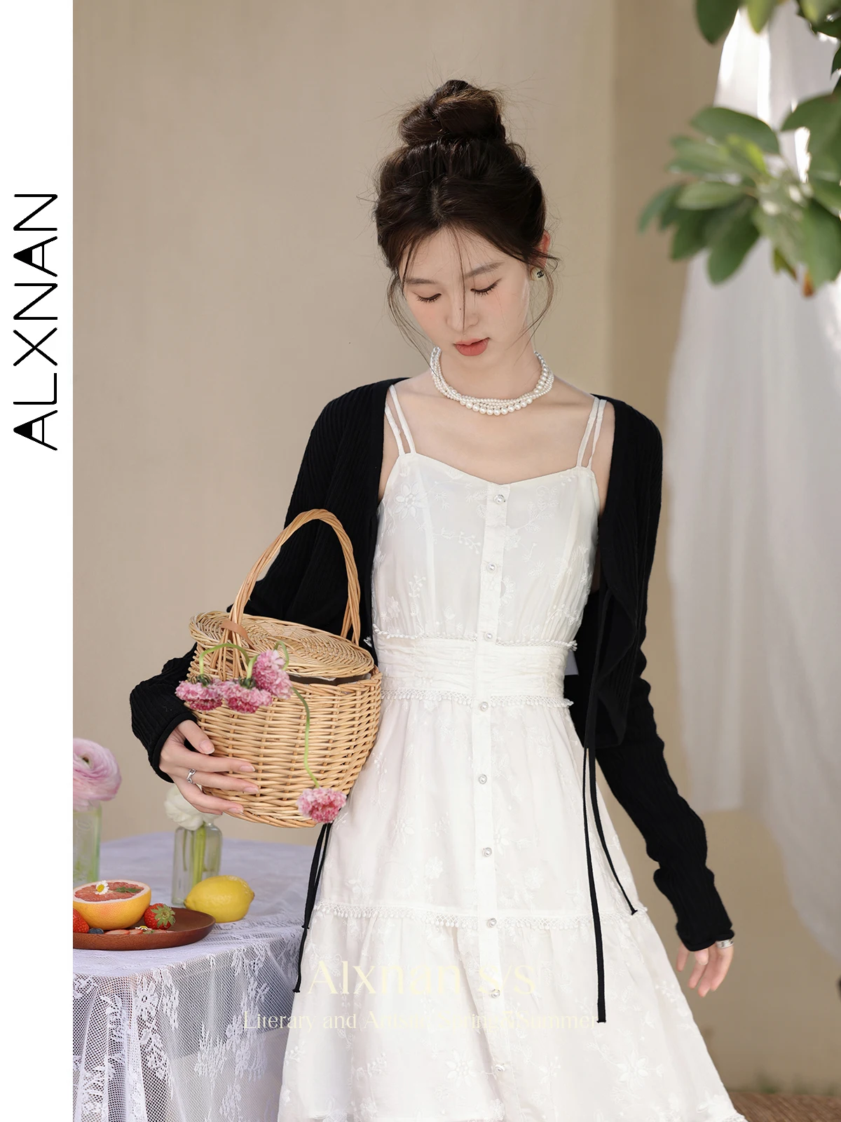 ALXNAN 크롭 블랙 레이스업 니트 가디건, V넥 긴팔 상의, 여성 스웨터 코트 니트웨어, L33837SY, 2024 용수철 여름