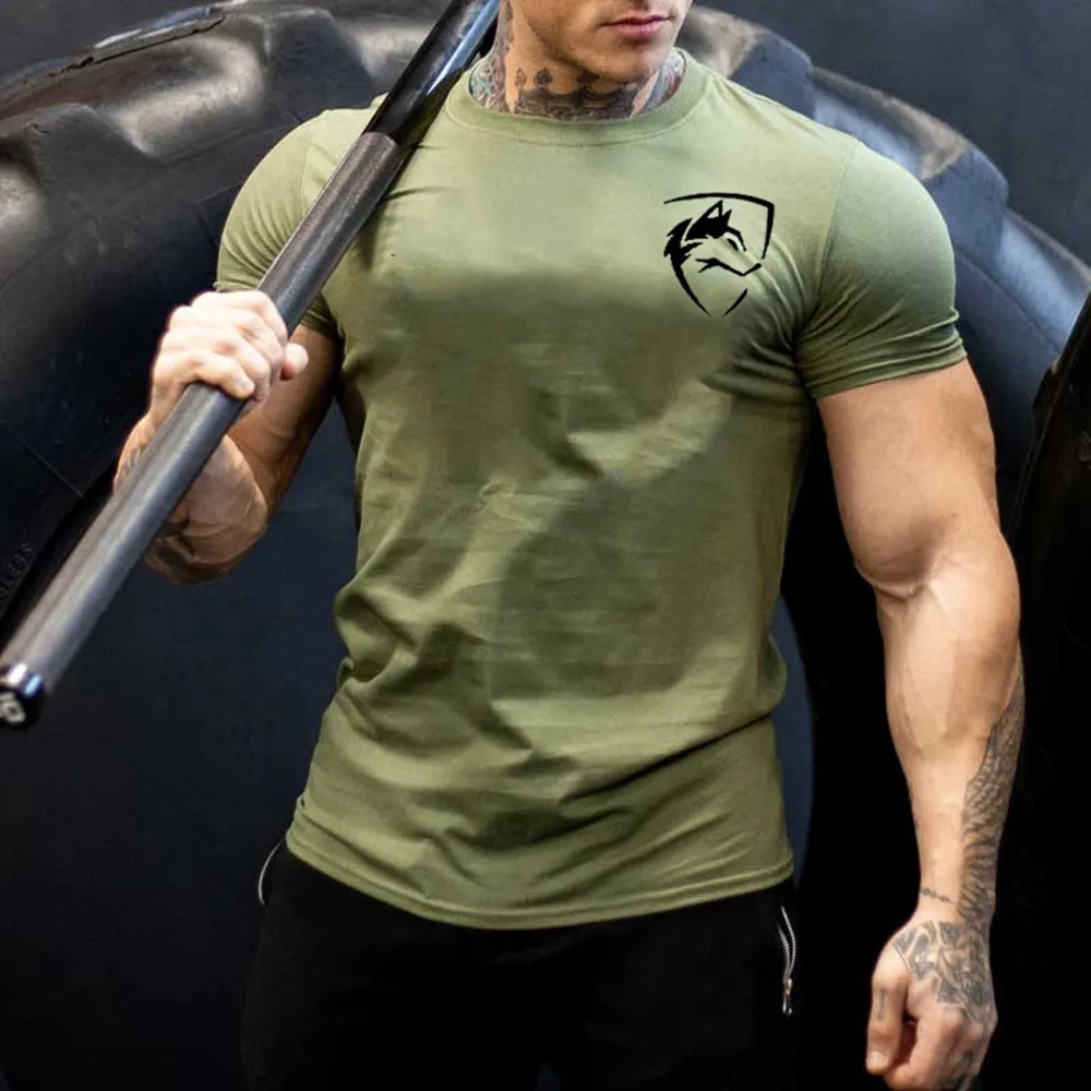 Cotton Running Sport T-shirt Men Gym Fitness Skinny Shirt Short Sleeve Print Tee Tops Male Summer Bodybuilding Training Clothing