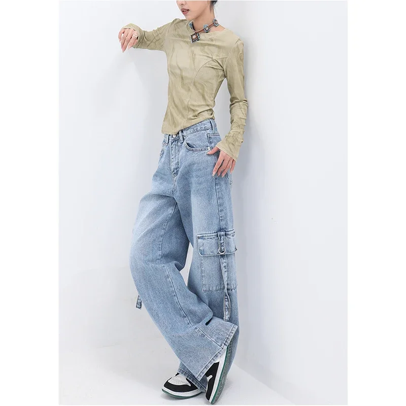 2024 Spring Vintage Y2K High Waist High Street Style Blue Straight Jeans Pockets Pants Women's Wide Leg Baggy Denim Trouser
