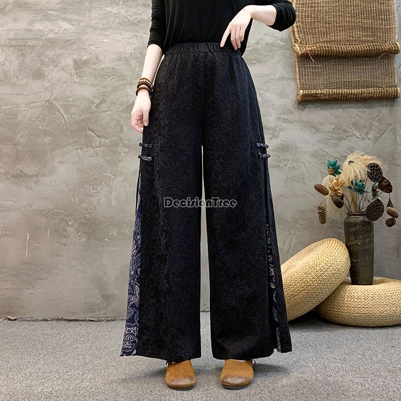 Chinese Style Button Design Loose Comfortable Casual Wide Leg Retro Embroidery Cotton Linen Pants