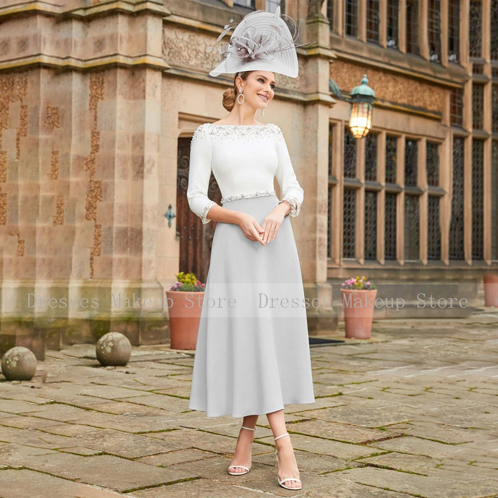 Mother bride dresses Short Mother of the Bride Dress A Line Boat Neck 3/4 Sleeves Elegant Wedding Guest Gowns Midi Beading Luxury Evening