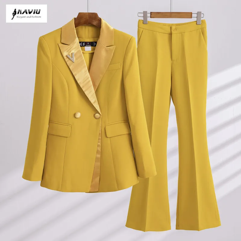 NAVIU Elegant Office Ladies Two Piece Sets Womens Outifits 2024 Double Breasted Long Sleeve Blazers Loose Casual Pant Suits