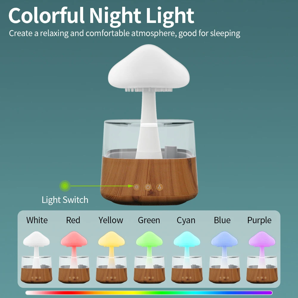 Mushroom Rain Air Humidifier Electric Aroma Diffuser Wood Grain Cloud Atomizer Aromatherapy Machine with Colorful night Light