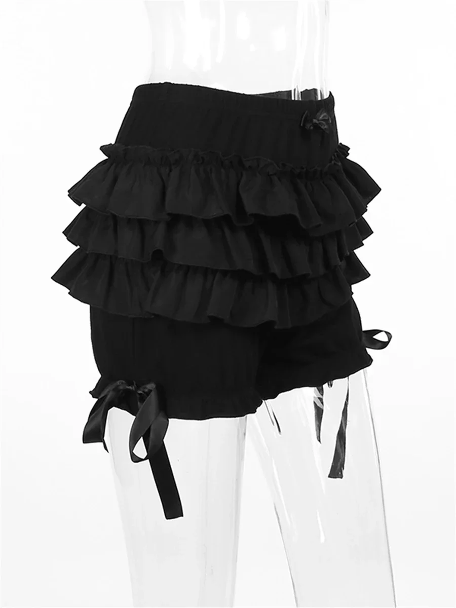 New Gothic Black Bloomer Shorts Women's Summer Elastic Waist Ruffle Layered Shorts Harajuku Streetwear High Waist Bottoms