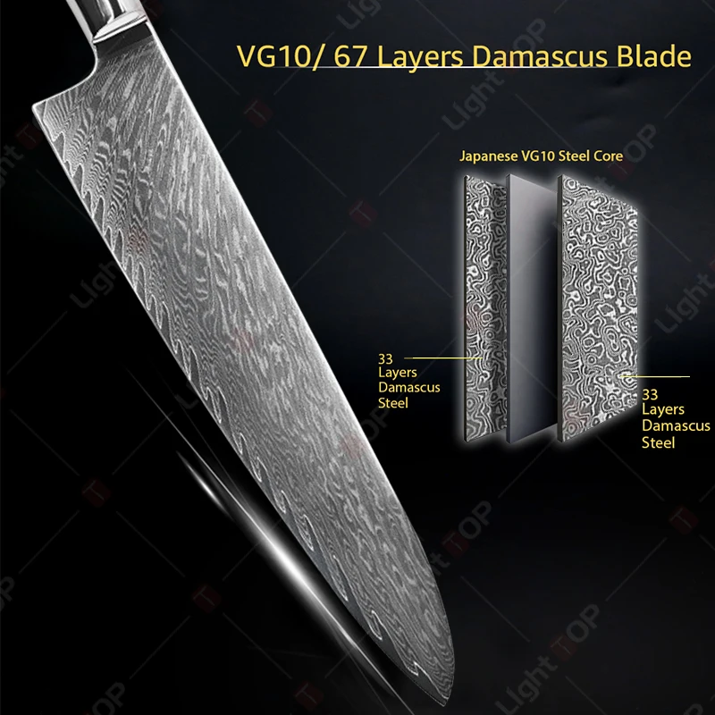 Description Picture 4 of itemProfessional Chef's Knife Set Damascus Steel Chopper Universal Kitchen Knives Bread Slicing Knife Sharp Meat Butcher's Cleaver