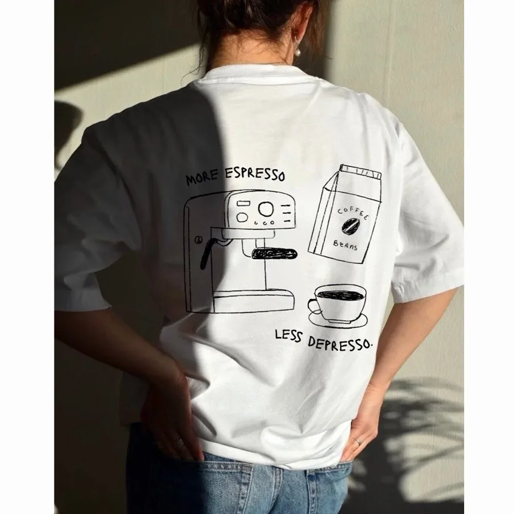 More Espresso Less Depresso Letter Print T-Shirt Aesthetic Coffee Lover Graphic Tees Unisex Short Sleeve Loose Cotton T Shirts 2