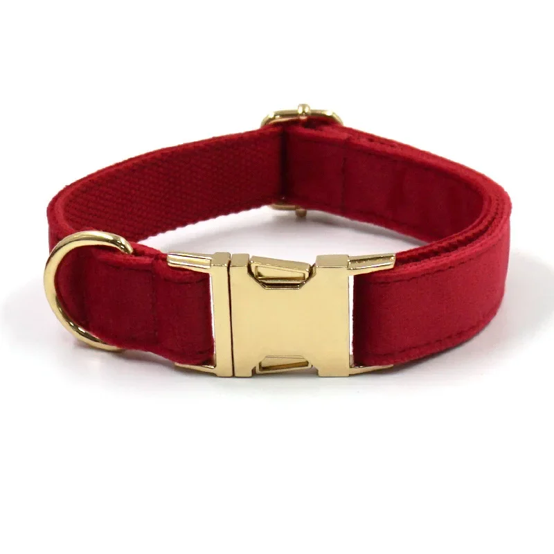 Personalized Dog Collar Pet Collar Free Engraving ID Name Tag Pet Accessory Red Velvet Fiber Puppy Leash