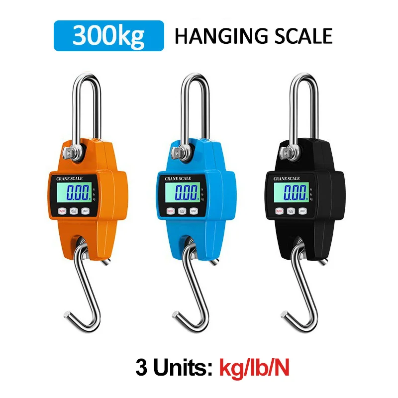 300kg High Precision Portable Digital Hanging Scale Stainless Steel Hook LCD Industrial Scales Kg/Lb/N