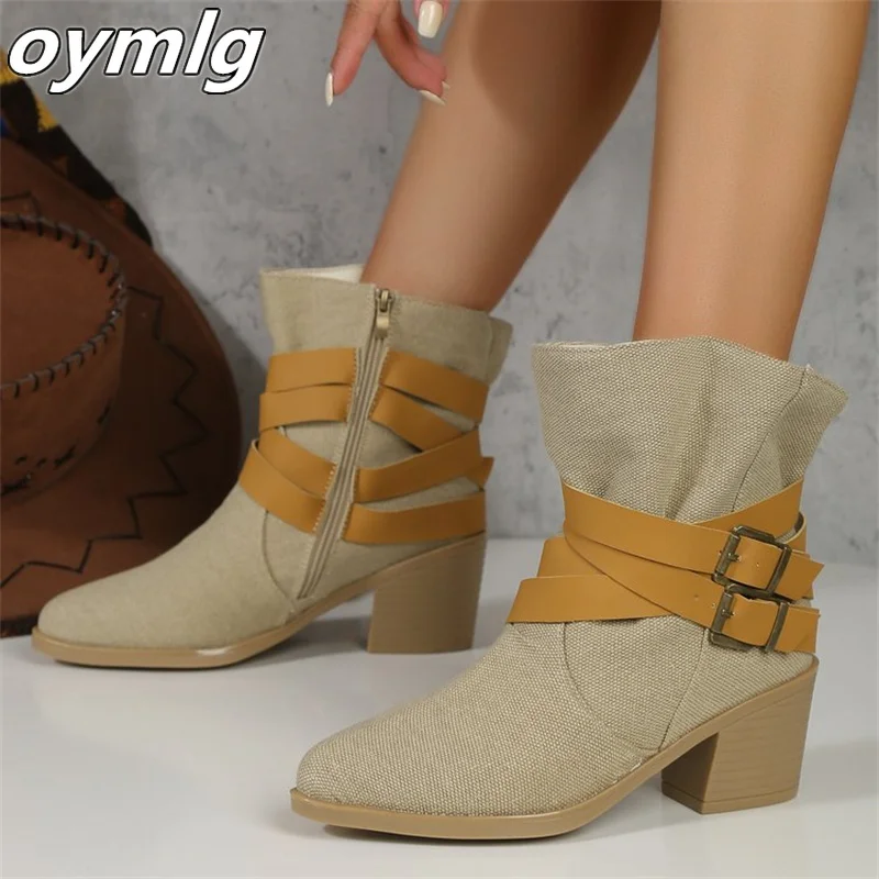Women's short boots winter new round toe thick heel high heel and ankle boots with side zipper fashionable short boots for women