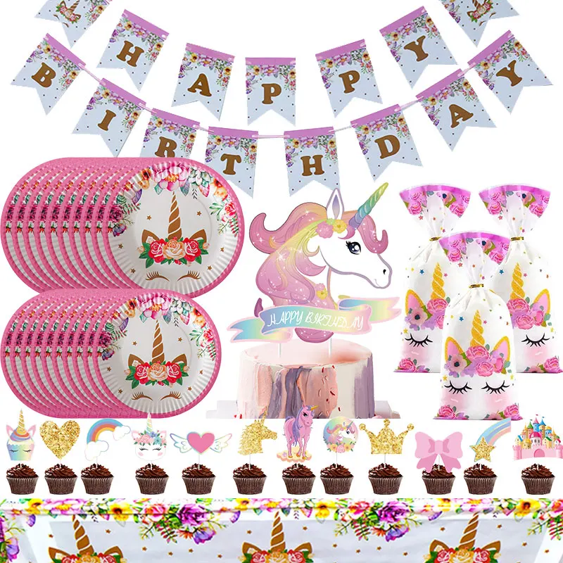 Unicorn Birthday party Supplies Tableware Set Plates Cups Banner Latex Balloon Kit Photography Background Kids Cartoon Decors