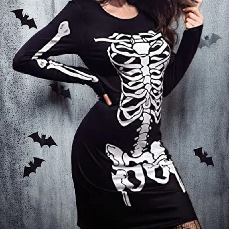 Halloween Horror Skeleton Print Dress Women Trick or Treat Fashion Shirts Tunic Tops Loose Fit Basic Lady Clothes