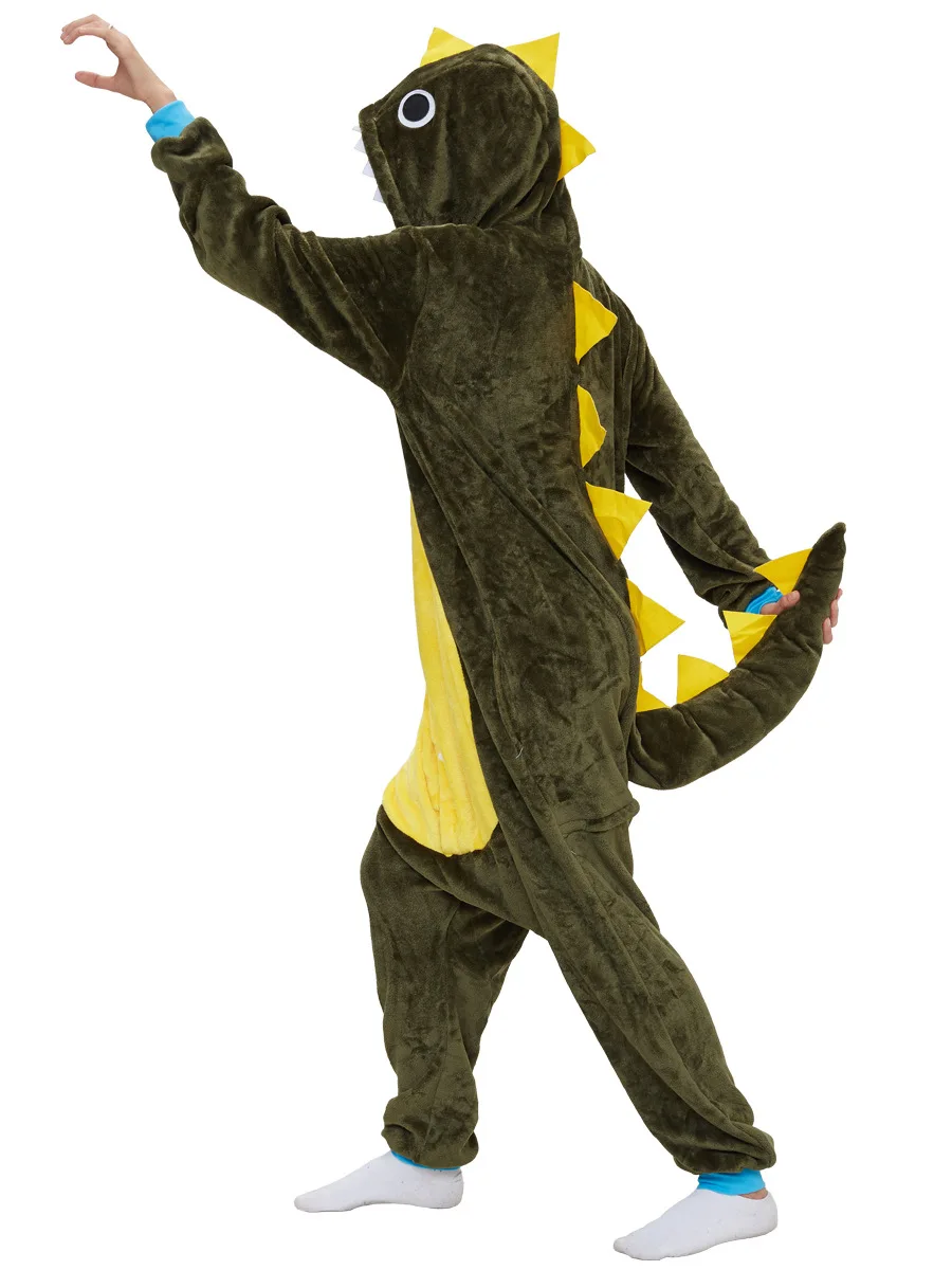 Green Dragon Cartoon Flannel Women Pajamas Set Dinosaur Adult Kigurumi Onesie Cosplay Animal Onepiece Unisex Men Funny Sleepwear