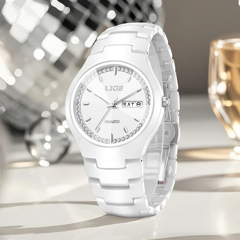LIGE Fashion Waterproof Women's Watch Casual Elegant Simple Ceramic Quartz Silicone Watch Gift for Women Wristwatch Montre Femme