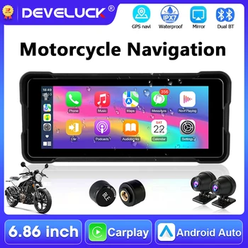 Schermo Carplay per Moto da 6,86 Pollici con Navigazione GPS, Android Auto Wireless, Display Impermeabile IPX7, Supporto Dual Bluetooth, DVR+TPMS