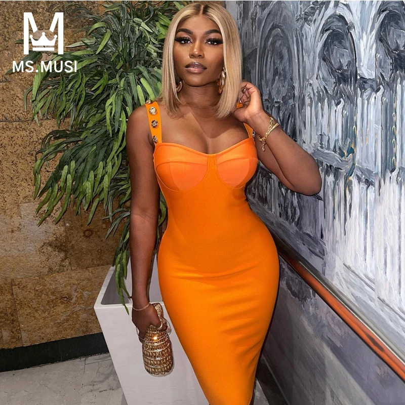 

MSMUSI 2022 New Fashion Women Sexy Strap Button Sleeveless Backless Bandage Party Club Bodycon Midi Dress Celebrate Vestidos