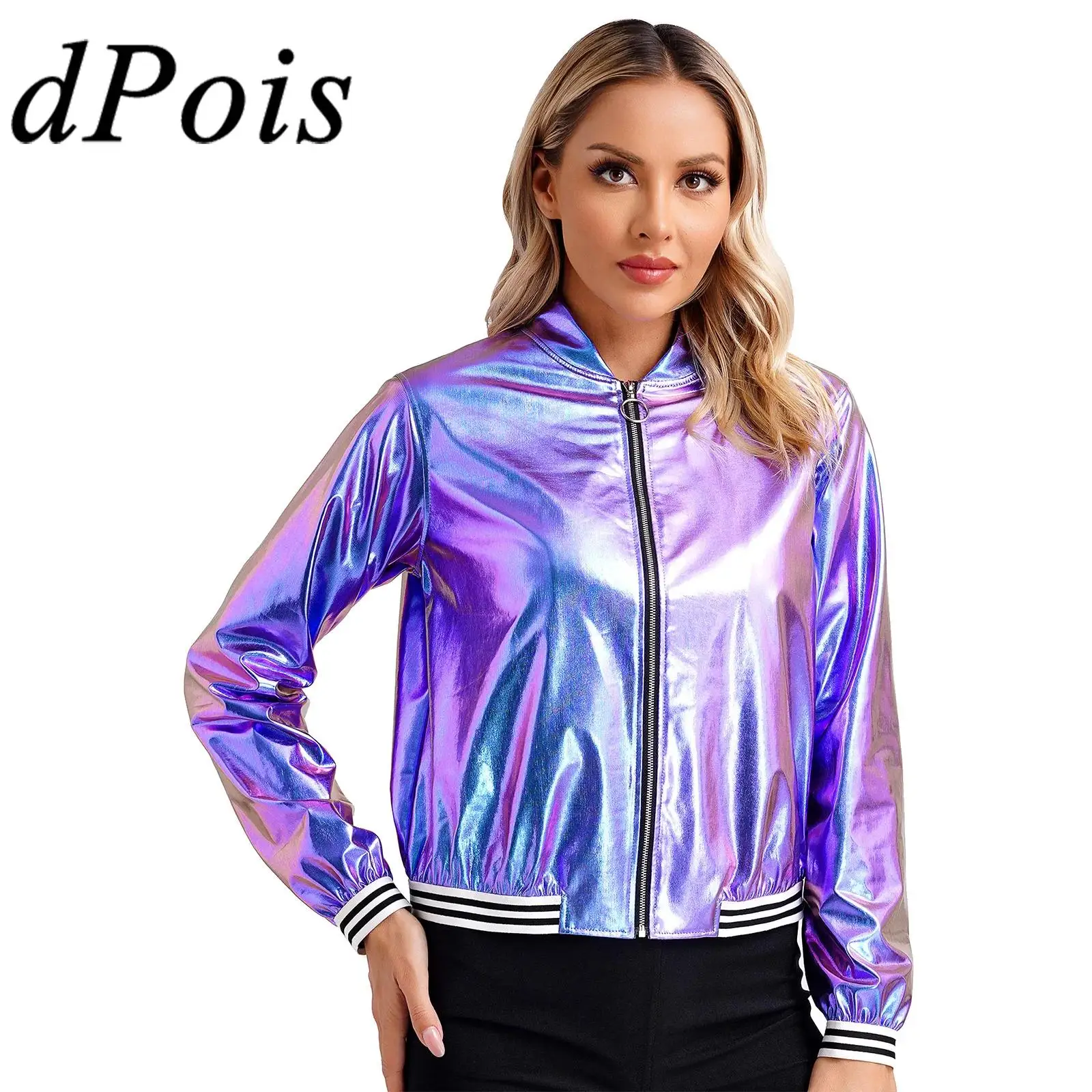 

Women Fashion Metallic Shiny Jacket Streetwear Long Sleeve Front Zipper Outerwear for Nightclub Disco Rave Baseball Jackets Coat