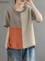 ZANZEA Women Patchwork Blouse 2024 Summer Short Sleeve Tunics Fashion Round Neck Shirts Casual Loose Holiday Cotton Linen Tops - Image 3