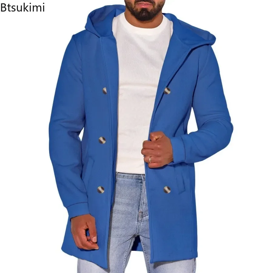 Vestes à capuche en laine pour hommes, coupe-vent mi-long, coupe couvertes, coupe droite, mélanges chauds, extérieur, automne, hiver, 2024