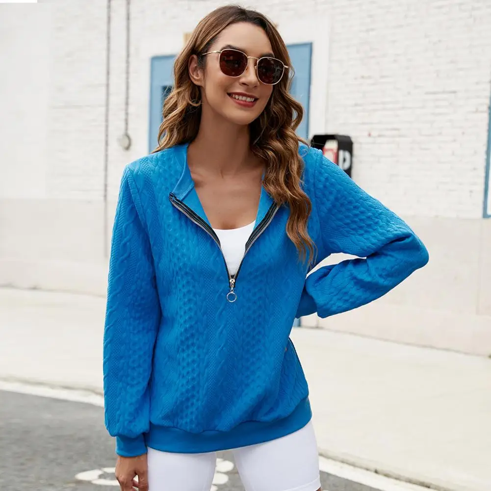 

Fall Winter Women Sweatshirt Zipper Turn-down Collar Solid Color Long Sleeve Loose Twisted Texture Thick Warm Pullover Casual La
