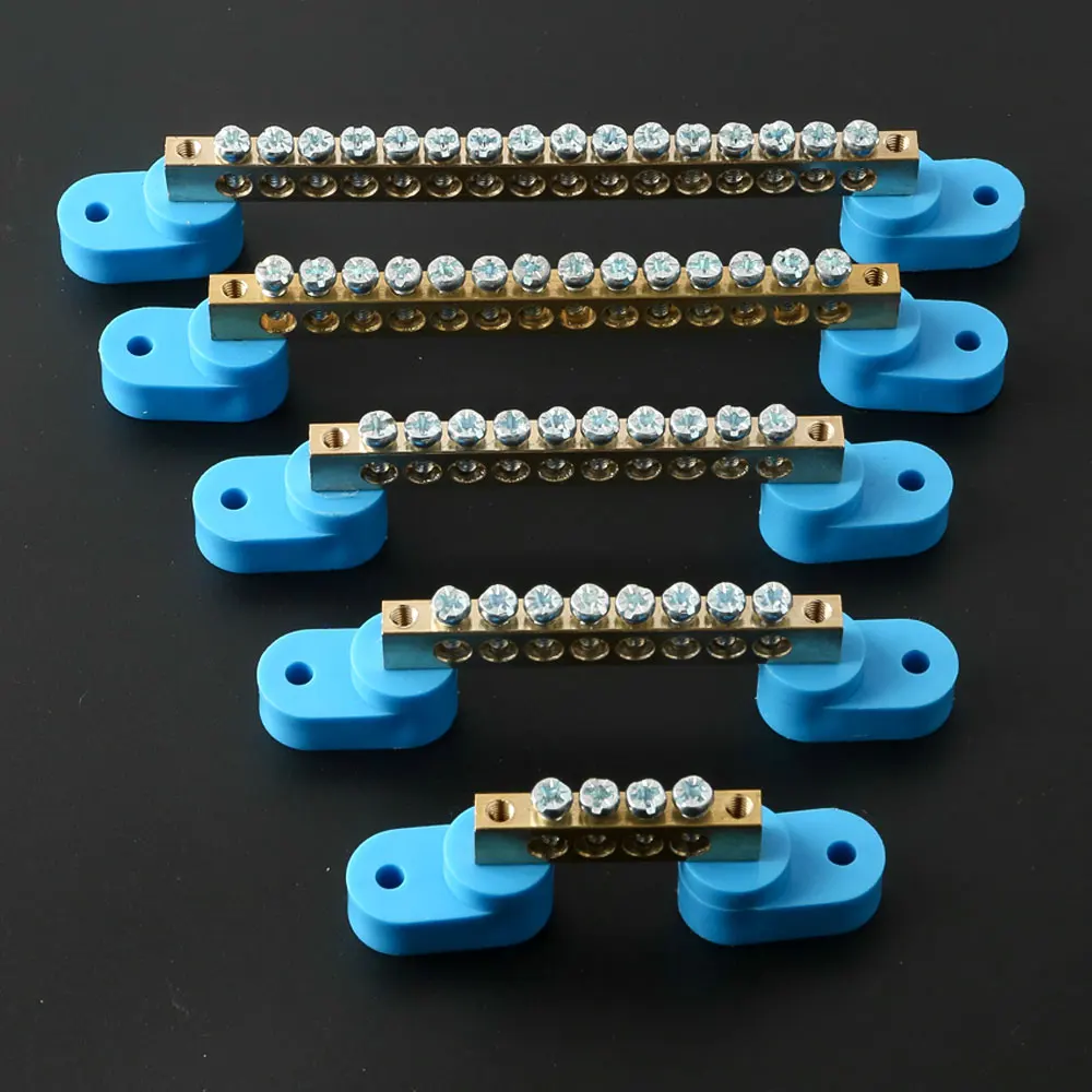 DIN Rail Terminal Block - Blue Bridge Type Copper Ground Bar with Multiple Hole Options