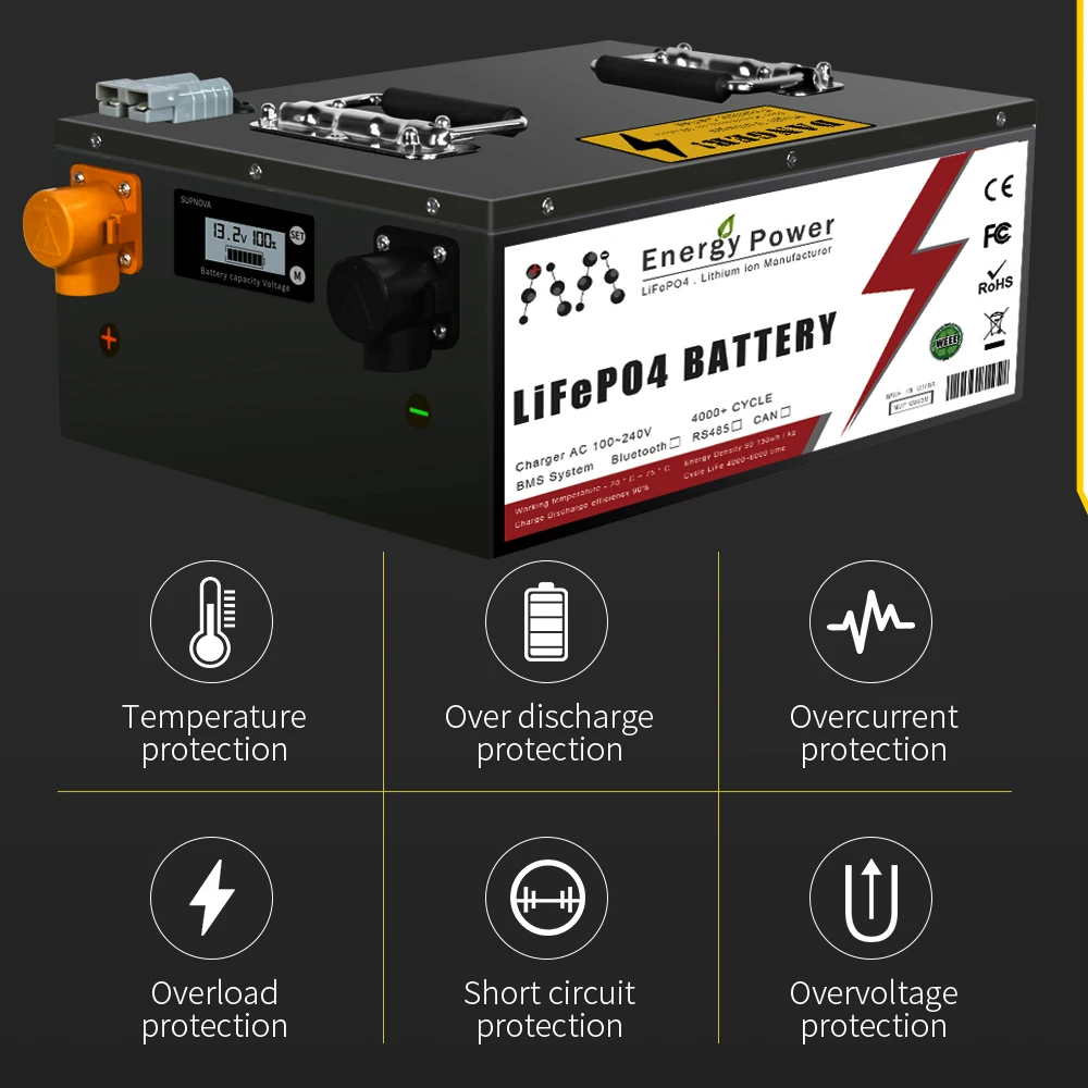 LiFePO4 24V 48V 100Ah 200Ah LiFePO4 Lithium Battery Bluetooth BMS 6000+ cyclic for Inverter Solar RV Golf Cart No Tax