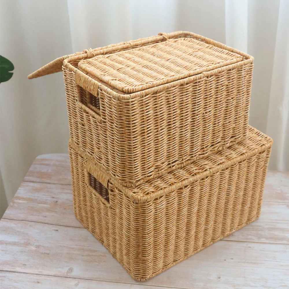 Hand-woven Storage Basket Rattan Storage Tray PP Rattan Basket Bread Fruit Food Breakfast Light Brown With Cover Storage Basket 4