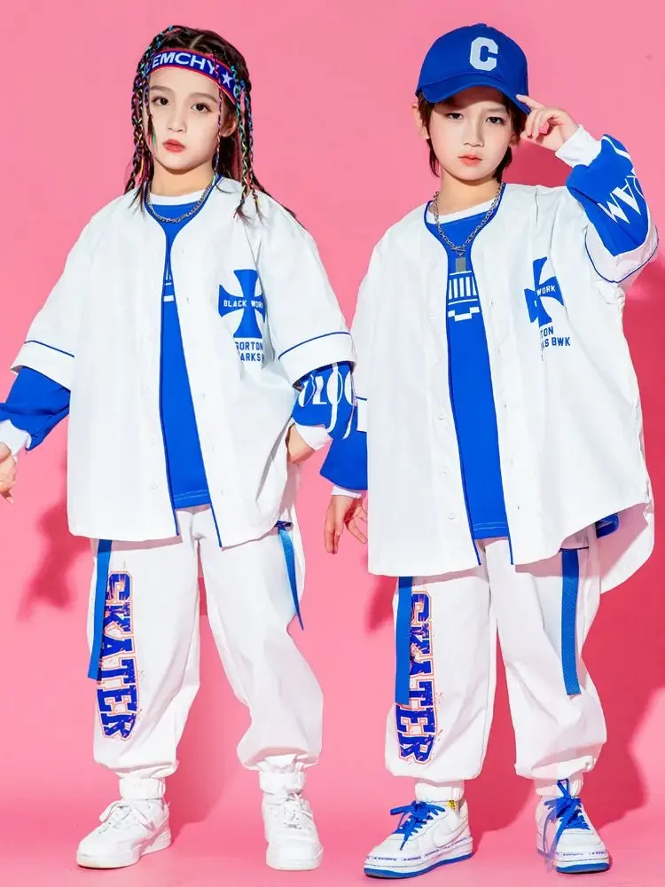 

Kid Hip Hop Clothing White Blue Oversized Cardigan Shirt Top Casual Jogger Sweat Pants for Girl Boy Jazz Dance Costume Clothes