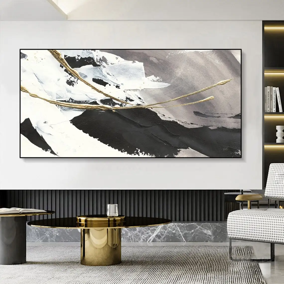 Large Abstract Oil Painting on Canvas Textured Wall Art Gold Foil Black White Acrylic Painting Modern Living Room Home Decor