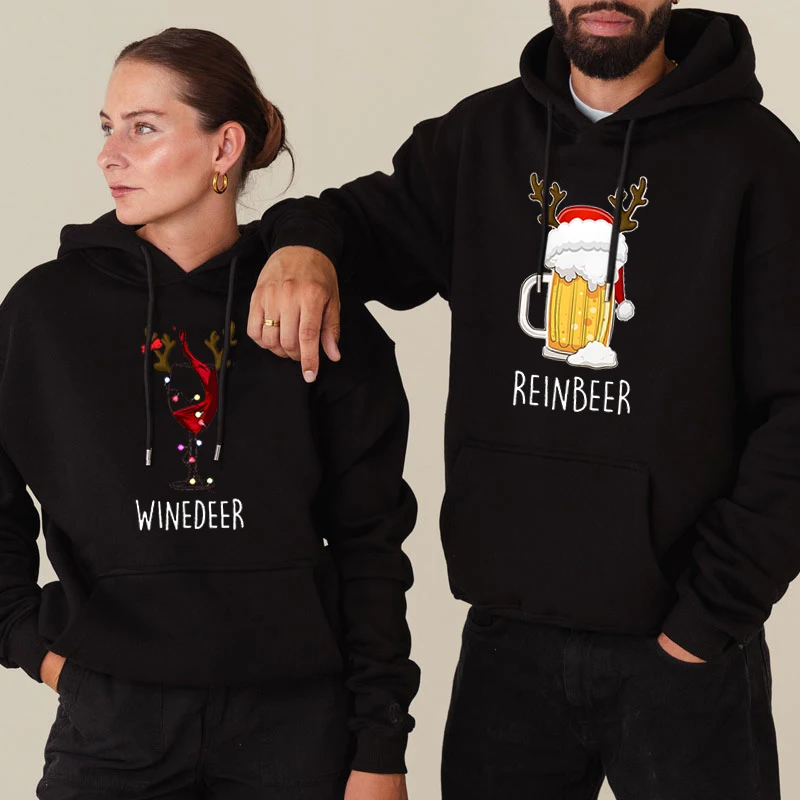 Women Men Matching Christmas Hoodies Winedeer Reinbeer Print Funny