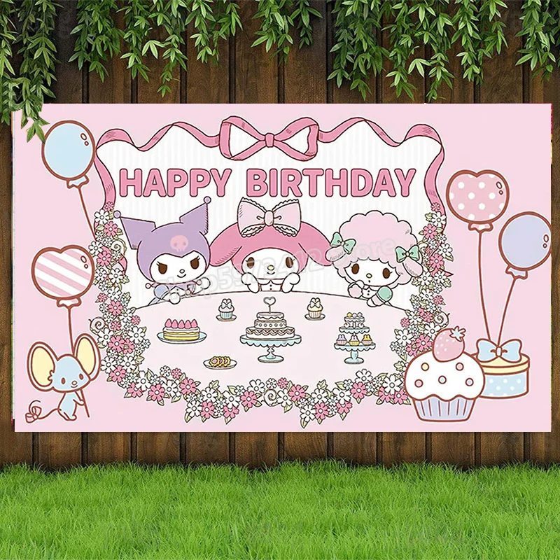 Nuevo póster de fondo de cumpleaños de Kuromi, suministros de decoración para fiestas de niñas, accesorios para fotos, decoración para baby shower, fondo de tela, regalo para niños