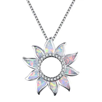 Fashion  Rainbow Hollow Sunflower Charm Blue/White Pendant Fire  Opal Necklace Wedding Jewelry