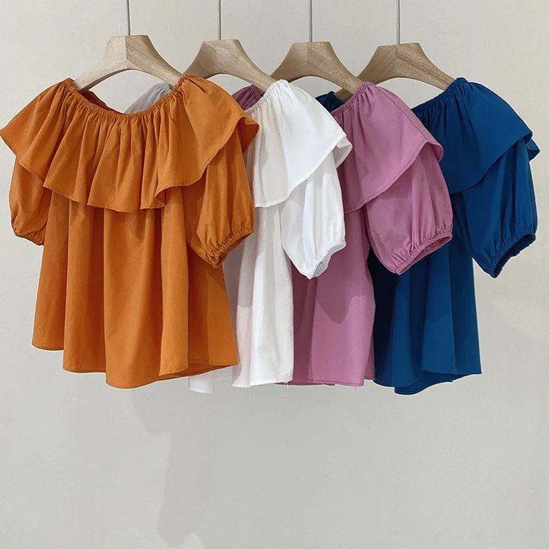 

Пикантная блузка с воротником-лодочкой, летние женские милые Лоскутные Топы с оборками, элегантные рубашки с коротким рукавом для снижения возраста для женщин