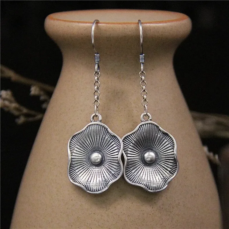

vintage silver color metal lotus earrings simple fashion carving stripe long chain handmade dangle earrings women jewelry