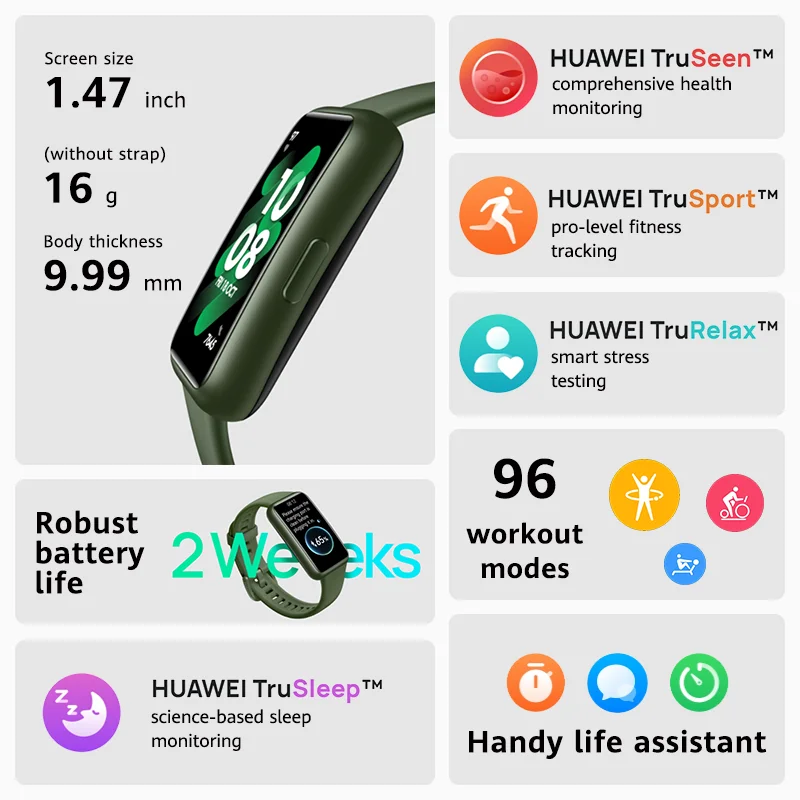 Huawei Band 7 Smart Band Blood Oxygen 1.47'' AMOLED Screen Heart Rate  Tracker Smartband 2 Weeks Battery Life 5ATM Waterproof