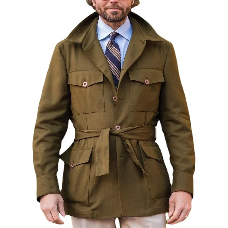 Warmth Coat Waterproof Windbreaker Jacket Casual Men Jacket Outdoor Jackets Autumn Men's Multi Pocket Coat Mid length Slim Fit Thin Large Windbreaker Waist Wrapped Casual Coat мужская одежда